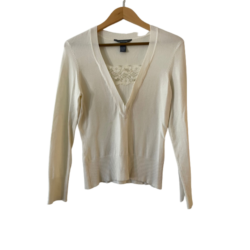 Hilliard Hanson Size M Women's V Neck Lace Sweater Long Sleeve Pullover Ivory